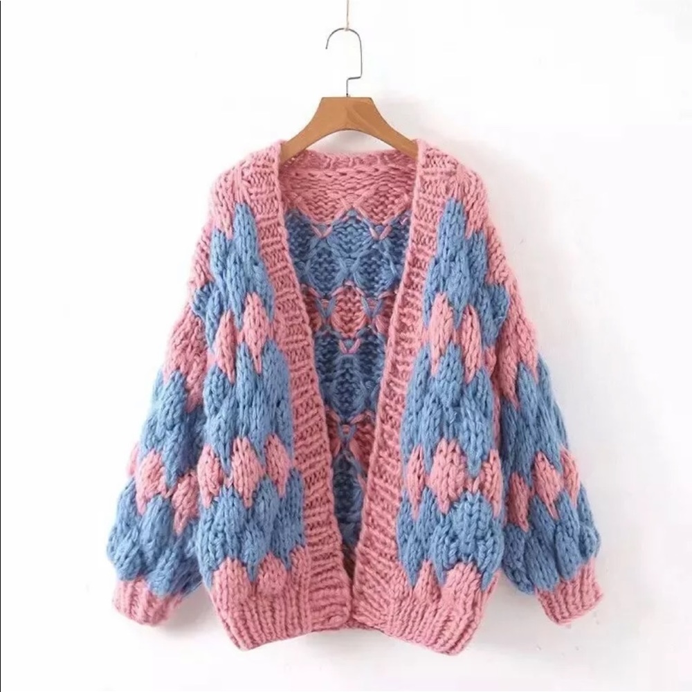 Cardigan sweater boho knit puff sleeve thick Pink - Picture 1 of 3